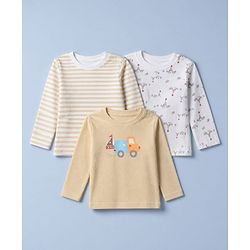 Babyhug 100% Cotton Interlock Knit T-Shirts with Full Sleeves and Stripes Print in Beige & White Color Pack of 3