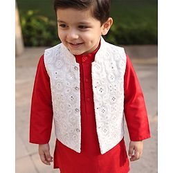 Babyhug Woven Full Sleeves Solid Colour Kurta Pyjama Set with Embroidered Nehru Jacket- Red & White