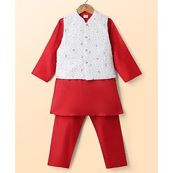 Babyhug Woven Full Sleeves Solid Colour Kurta Pyjama Set with Embroidered Nehru Jacket- Red & White