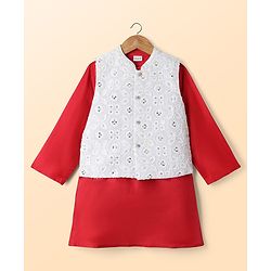 Babyhug Woven Full Sleeves Solid Colour Kurta Pyjama Set with Embroidered Nehru Jacket- Red & White
