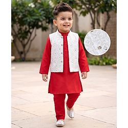 Babyhug Woven Full Sleeves Solid Colour Kurta Pyjama Set with Embroidered Nehru Jacket- Red & White