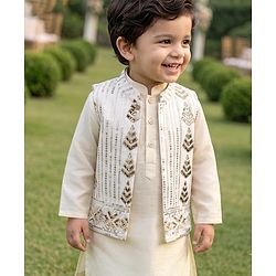 Babyhug Woven Full Sleeves Solid Kurta Pyjama Set With Embroidered & Sequinned Jacket - Beige