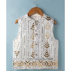 Babyhug Woven Full Sleeves Solid Kurta Pyjama Set With Embroidered & Sequinned Jacket - Beige