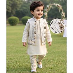 Babyhug Woven Full Sleeves Solid Kurta Pyjama Set With Embroidered & Sequinned Jacket - Beige