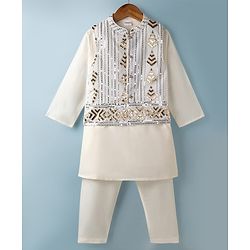 Babyhug Woven Full Sleeves Solid Kurta Pyjama Set With Embroidered & Sequinned Jacket - Beige