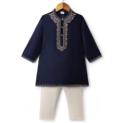 Babyhug Woven Full Sleeves Kurta Pyjama Set With Embroidered Neck - Navy