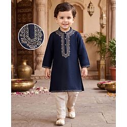 Babyhug Woven Full Sleeves Kurta Pyjama Set With Embroidered Neck - Navy