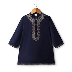 Babyhug Woven Full Sleeves Kurta Pyjama Set With Embroidered Neck - Navy