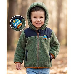 Babyhug Fur Woven Full Sleeves Solid Hoodies With Patch - Green & Navy Blue