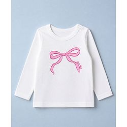 Babyhug 100% Cotton Knit Full Sleeves T-shirts With Bow Print - Pink & White