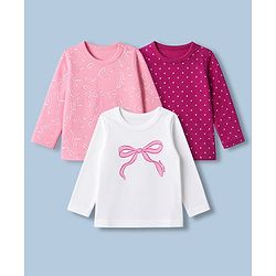 Babyhug 100% Cotton Knit Full Sleeves T-shirts With Bow Print - Pink & White