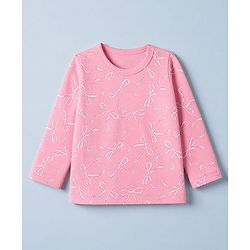Babyhug 100% Cotton Knit Full Sleeves T-shirts With Bow Print - Pink & White