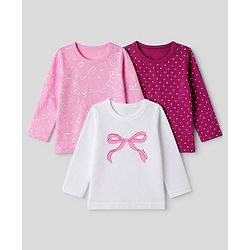 Babyhug 100% Cotton Knit Full Sleeves T-shirts With Bow Print - Pink & White