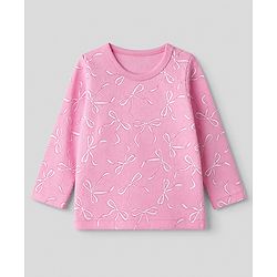Babyhug 100% Cotton Knit Full Sleeves T-shirts With Bow Print - Pink & White