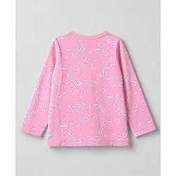 Babyhug 100% Cotton Knit Full Sleeves T-shirts With Bow Print - Pink & White