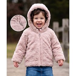 Babyhug Woven Full Sleeves Solid Colour Fur Jacket with Hood - Light Pink