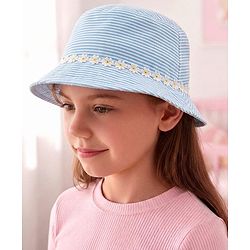 Babyhug 100% Cotton Woven Two Layer Striped Bucket Hat With Floral Lace Blue - Diameter 13 cm