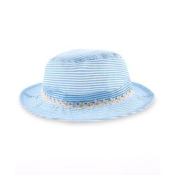 Babyhug 100% Cotton Woven Two Layer Striped Bucket Hat With Floral Lace Blue - Diameter 13 cm
