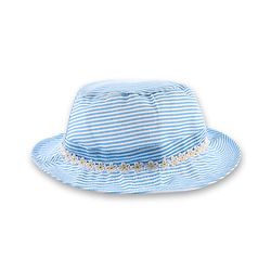 Babyhug 100% Cotton Woven Two Layer Striped Bucket Hat With Floral Lace Blue - Diameter 13 cm