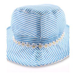 Babyhug 100% Cotton Woven Two Layer Striped Bucket Hat With Floral Lace Blue - Diameter 13 cm