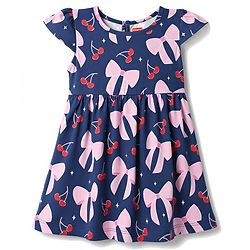 Babyhug Single Jersey Knit Half Sleeves Hearts & Cherry Printed Frocks With Bow Applique Pack Of 2 - Red & Navy Blue