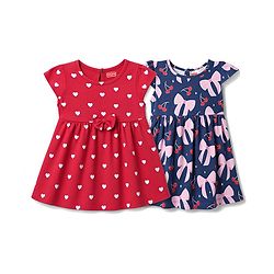 Babyhug Single Jersey Knit Half Sleeves Hearts & Cherry Printed Frocks With Bow Applique Pack Of 2 - Red & Navy Blue