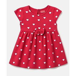 Babyhug Single Jersey Knit Half Sleeves Hearts & Cherry Printed Frocks With Bow Applique Pack Of 2 - Red & Navy Blue