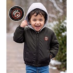 Babyhug Woven Hooded Jacket With Space Theme Applique - Black