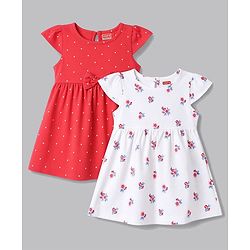 Babyhug Single Jersey Knit Half Sleeves Floral & Polka Dots Printed Frocks With Bow Applique Pack Of 2 - Red & White
