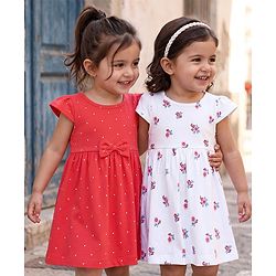 Babyhug Single Jersey Knit Half Sleeves Floral & Polka Dots Printed Frocks With Bow Applique Pack Of 2 - Red & White