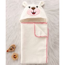 Babyhug Cotton Knit Microfiber Hooded Towel With Teddy Bear Embroidery L 75 x B 74.5 cm - White