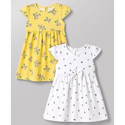 Babyhug Single Jersey Cotton Knit Cap Sleeve Frocks With Floral Print Pack of 2 - Yellow & White