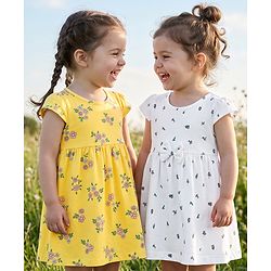 Babyhug Single Jersey Cotton Knit Cap Sleeve Frocks With Floral Print Pack of 2 - Yellow & White