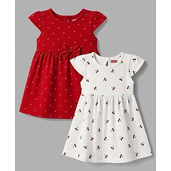 Babyhug Single Jersey Knit Half Sleeves Floral & Polka Dots Printed Frocks With Bow Applique Pack Of 2 - Red & White