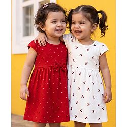 Babyhug Single Jersey Knit Half Sleeves Floral & Polka Dots Printed Frocks With Bow Applique Pack Of 2 - Red & White