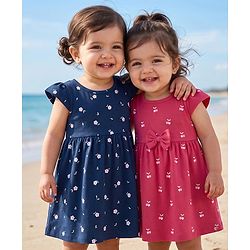 Babyhug Single Jersey Knit Half Sleeves Floral Printed Frocks With Bow Applique Pack Of 2 - Navy Blue & Dark Pink