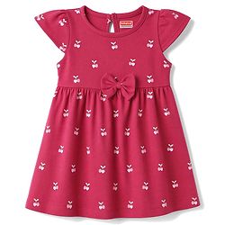 Babyhug Single Jersey Knit Half Sleeves Floral Printed Frocks With Bow Applique Pack Of 2 - Navy Blue & Dark Pink