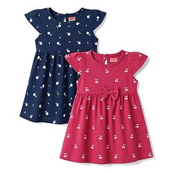 Babyhug Single Jersey Knit Half Sleeves Floral Printed Frocks With Bow Applique Pack Of 2 - Navy Blue & Dark Pink