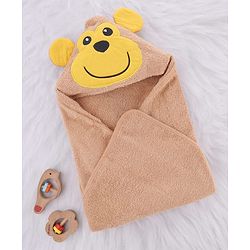 Babyhug Cotton Knit Microfiber Hooded Towel With Money Applique L 72 x B 71 cm - Brown