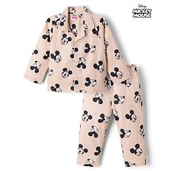 Babyhug Disney 100% Cotton Woven Full Sleeves Co-Ord Shirt And Pyjama Night Suit With Mickey Mouse Print- Beige
