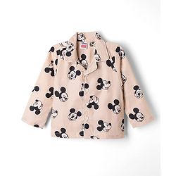 Babyhug Disney 100% Cotton Woven Full Sleeves Co-Ord Shirt And Pyjama Night Suit With Mickey Mouse Print- Beige