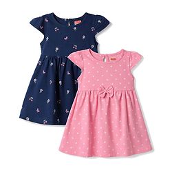 Babyhug Single Jersey Knit Half Sleeves Bow & Floral Printed Frock With Bow Applique Pack of 2 - Pink & Navy Blue
