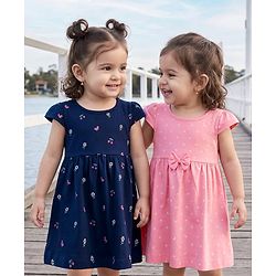 Babyhug Single Jersey Knit Half Sleeves Bow & Floral Printed Frock With Bow Applique Pack of 2 - Pink & Navy Blue