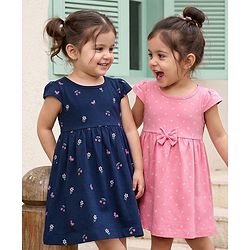 Babyhug Single Jersey Knit Half Sleeves Bow & Floral Printed Frock With Bow Applique Pack of 2 - Pink & Navy Blue