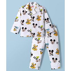 Babyhug Disney 100% Cotton Poplin Woven Full Sleeves Co-ord Shirt & Pajama Night Suit with Mickey Mouse and Friends Graphic Print - White