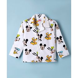 Babyhug Disney 100% Cotton Poplin Woven Full Sleeves Co-ord Shirt & Pajama Night Suit with Mickey Mouse and Friends Graphic Print - White