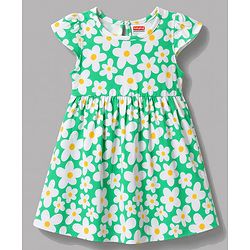 Babyhug Single jersey Knit Cap Sleeves Frock Floral & Polka Dot Print Pack of 2 - Green & Yellow
