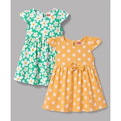 Babyhug Single jersey Knit Cap Sleeves Frock Floral & Polka Dot Print Pack of 2 - Green & Yellow