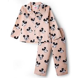 Babyhug Disney Poplin Woven Full Sleeves Co-Ords Mickey Mouse Printed Shirt & Pajama Night Suit - Peach