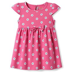 Babyhug Single Jersey Knit Cap Sleeves Floral & Tropical Theme Printed Frock With Bow Applique Pack Of 2- Pink & Purple
